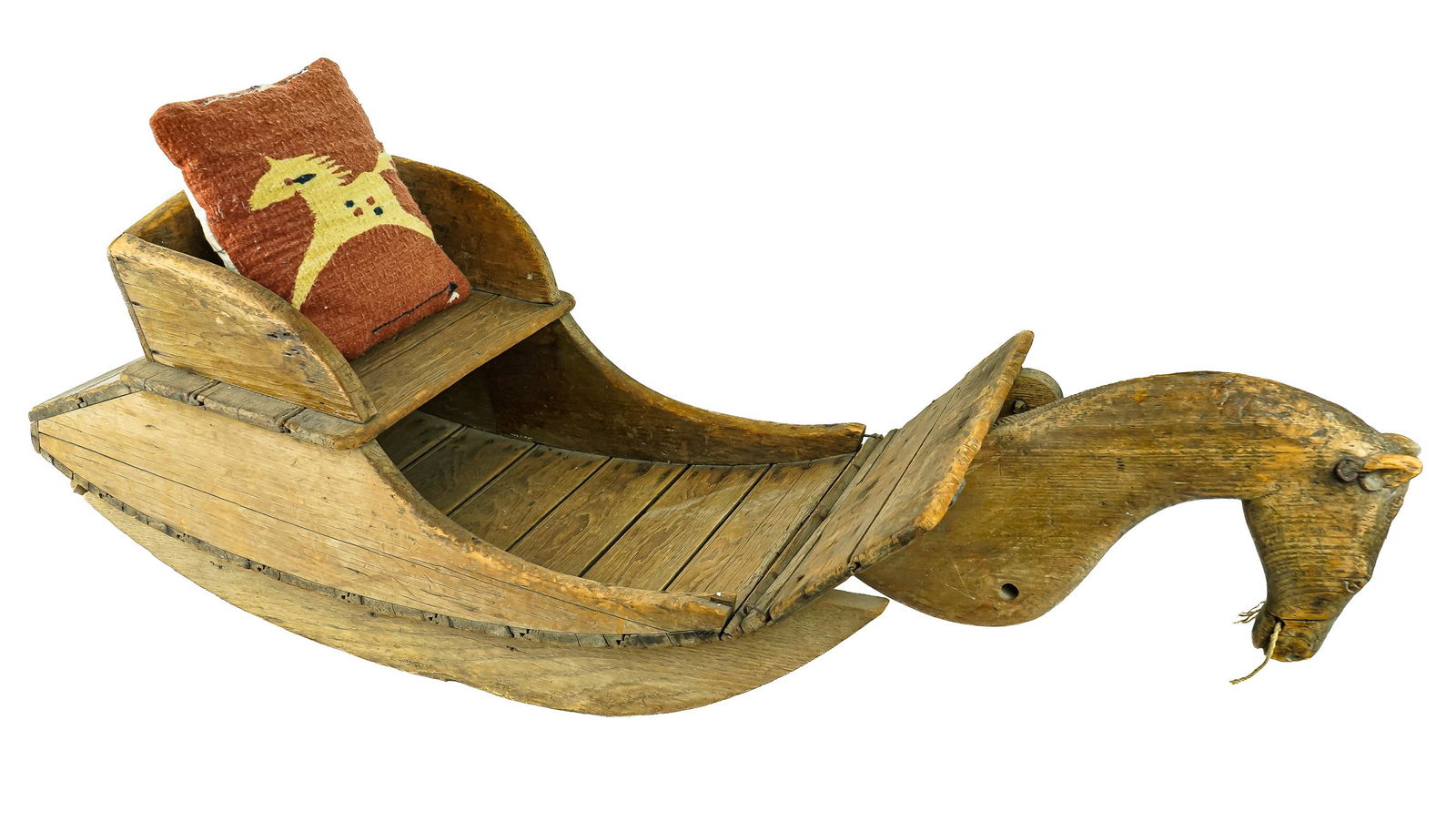 Folky Quebec Pine Rocking Horse Toy: Late 19th c. folky primitive Quebec or New England handmade pine rocking horse and sleigh toy with carved head and square nailed tongue and groove boards 12" x 15" x 45"