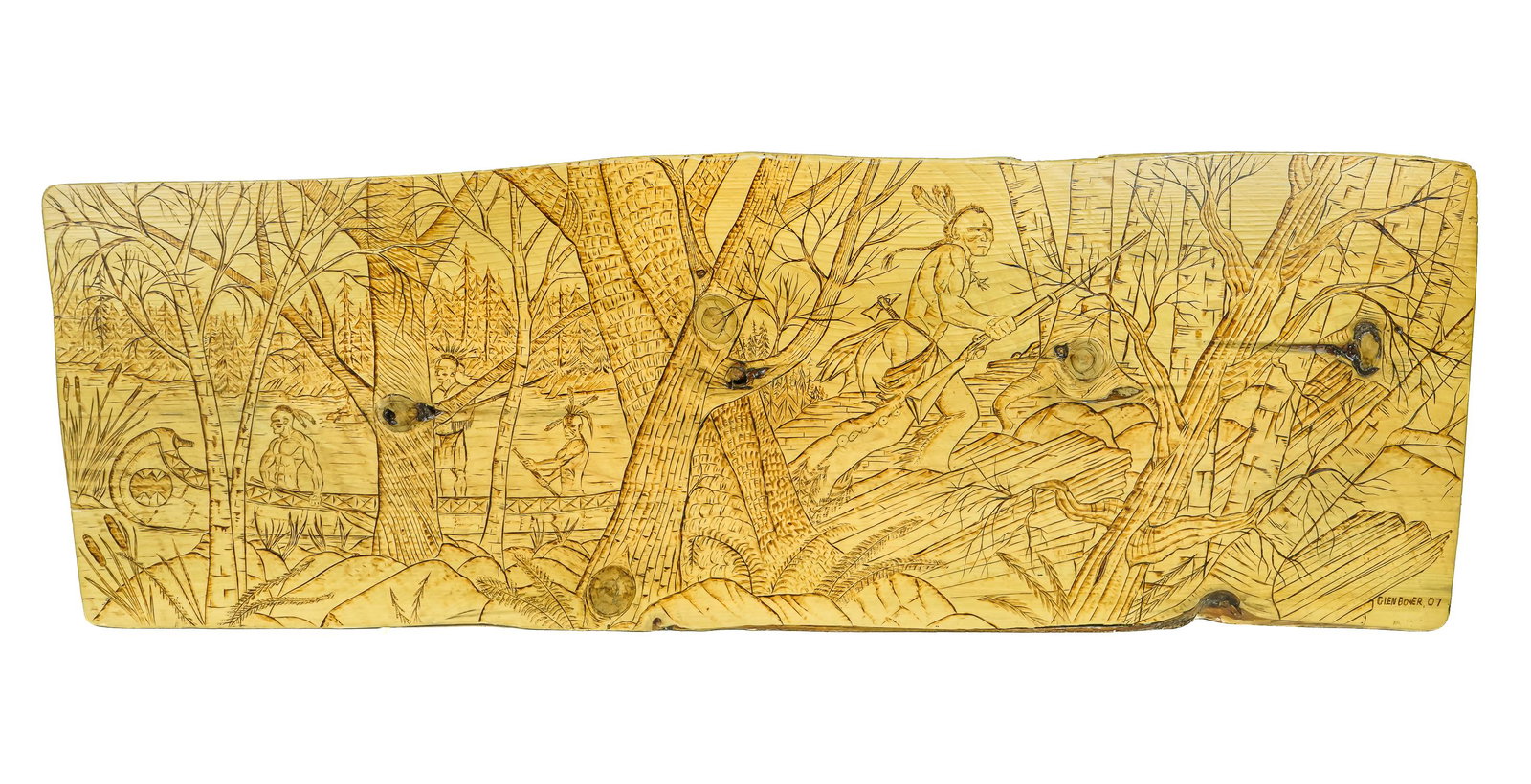 Pyrography Decorated Live Edge Wooden Panel: Contemporary pyrography decorated live edge pine log panel depicting Native American hunters, crafted by Glen Bower of Jay, New York, signed "Glen Bower '07" lower right corner 14" x 39" x 3.75"