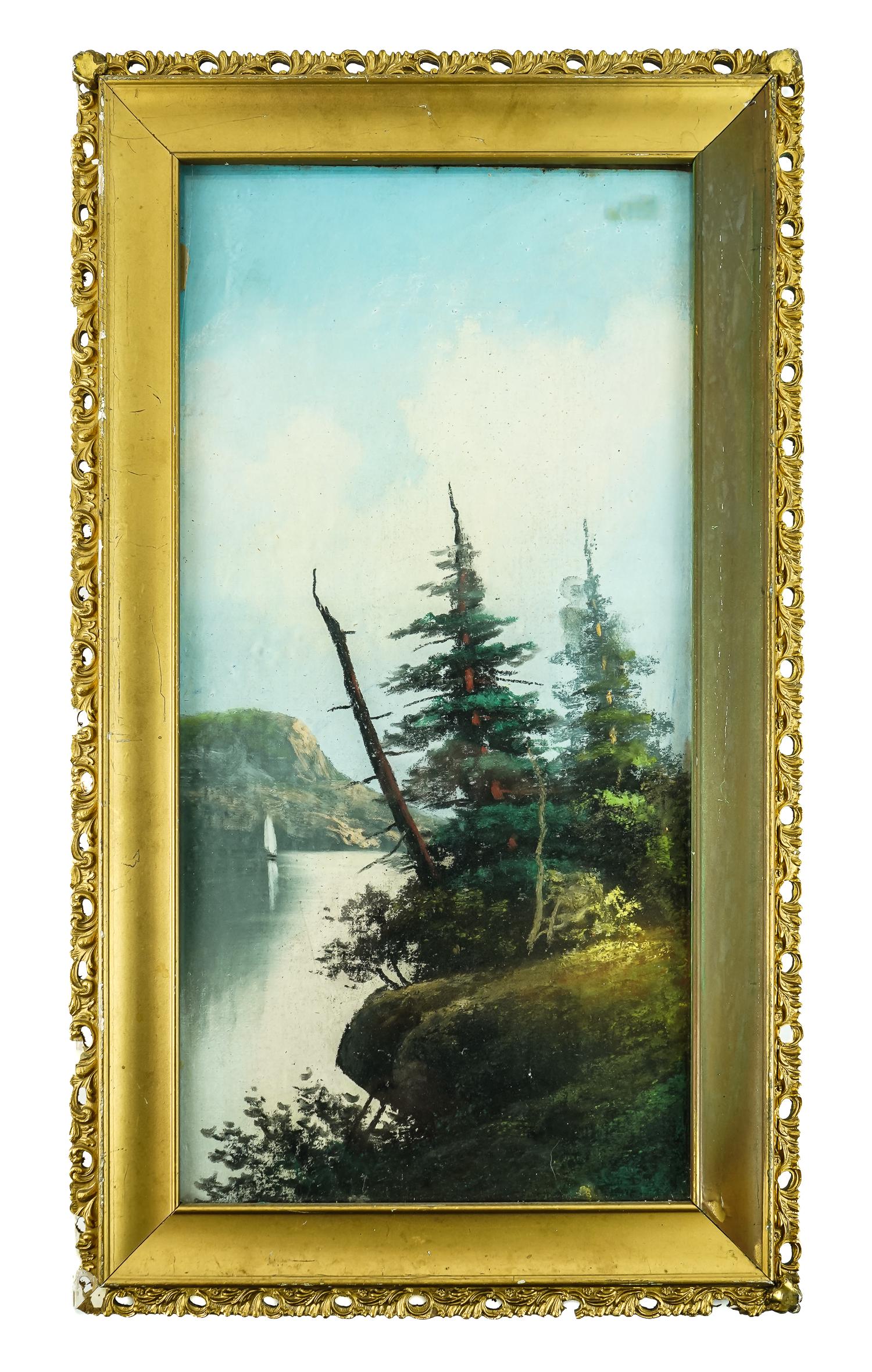 Hudson River School Pastel Landscape: 19th c pastel landscape of the Hudson River in original gilt frame. Attributed to Chandler. 10" x 20".