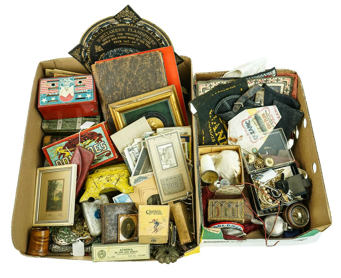 Collectibles: Two boxes of various collectibles including tintypes, CDV's, jewelry, games, Planisphere, tobacco felts, flatware, postcards, and much more.