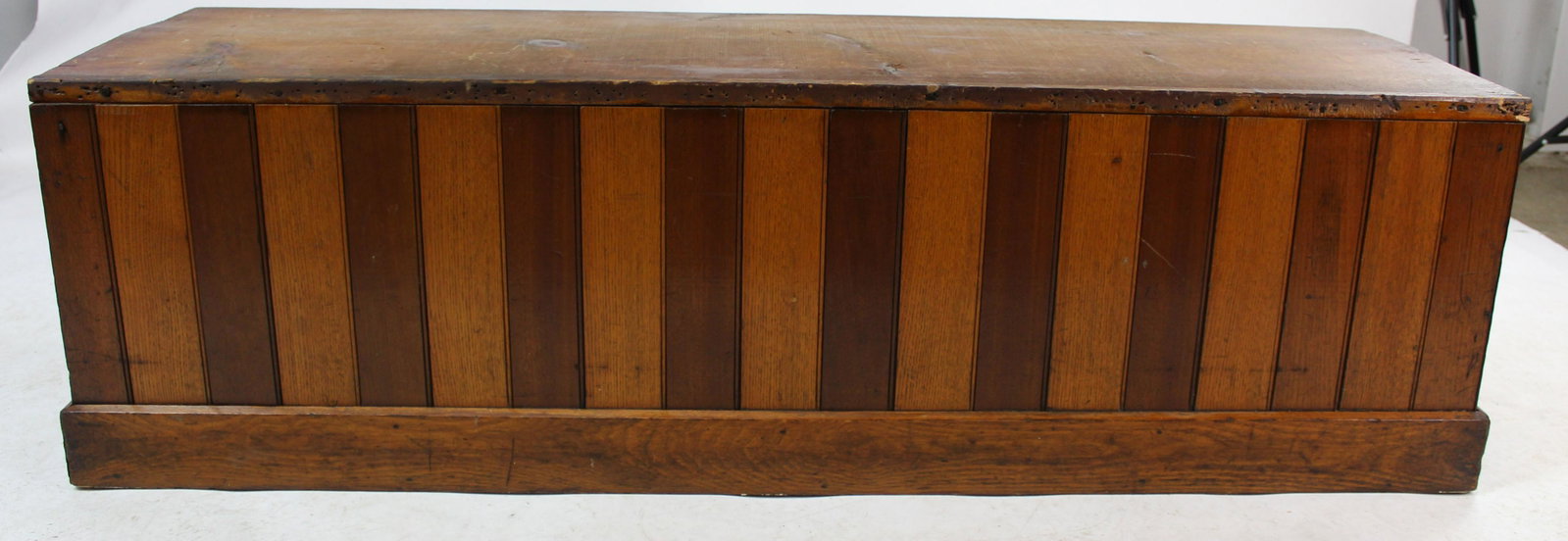Ash and Walnut Foot of the Bed Chest: ca. 1900 ash and walnut alternating tongue and groove lift top 'foot of the bed' blanket chest or entry hall storage bench, having pine top (originally upholstered) 55" x 15" x 17"