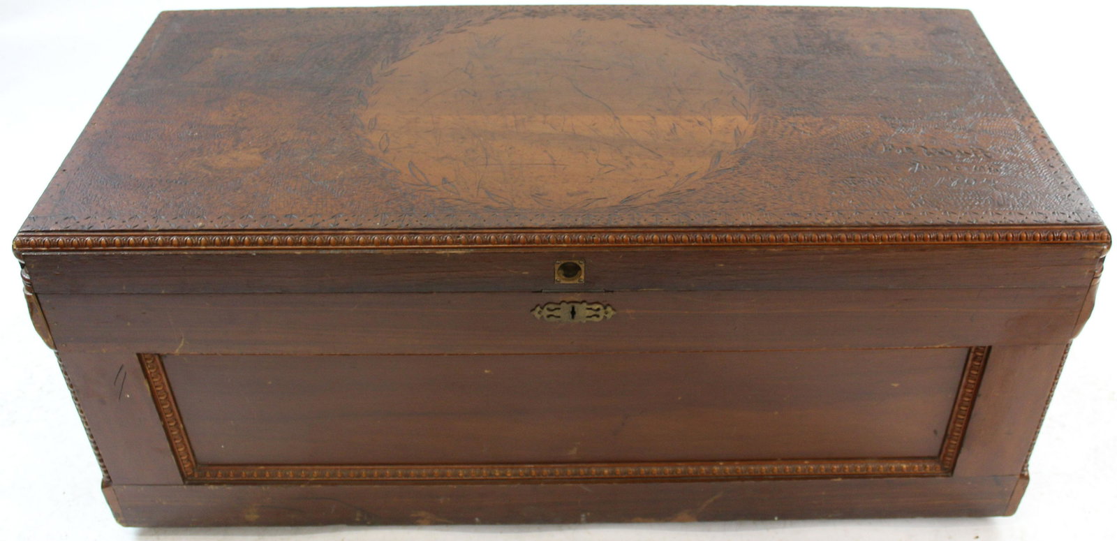 ca. 1900 Pyrography Decorated Blanket Chest: ca. 1900 blanket chest with Art Nouveau style pyrography decorated lid depicting female figure with owl, musicians, etc., dated June 10, 1904, with brass escutcheon, embellished with egg and dart pres