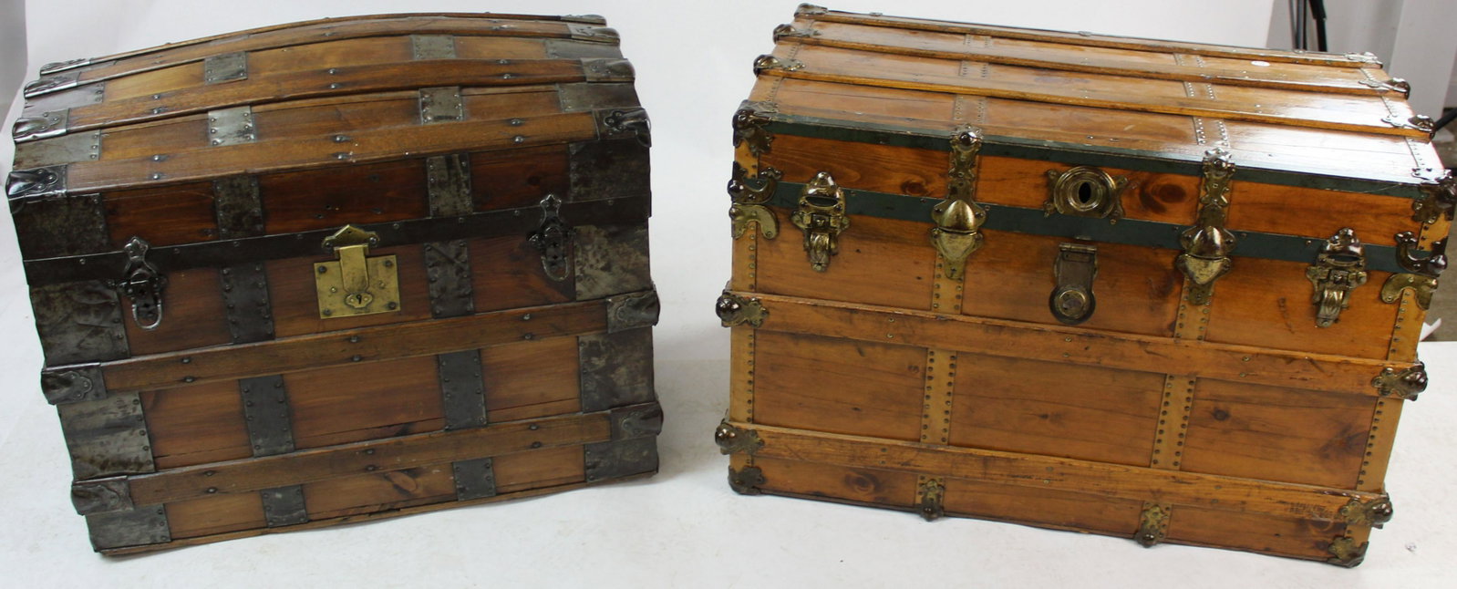 Two Refinished Pine Steamer Trunks: Two 19th c trunks. Refinished & restored. One dome top 30" long 23"h, and one flat top 35" long 24" high.