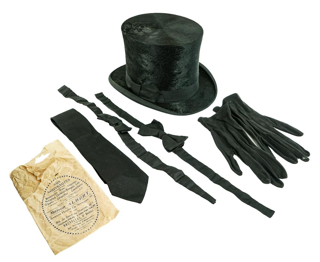 19th c Men's Beaver Top Hat Set: 19th c beaver top hat in original board and cloth case with two bow ties, a black tie, and gloves. All appear to be original to set. Bag label in case, Maison Albert - Bruxelles, II District. Hat appr