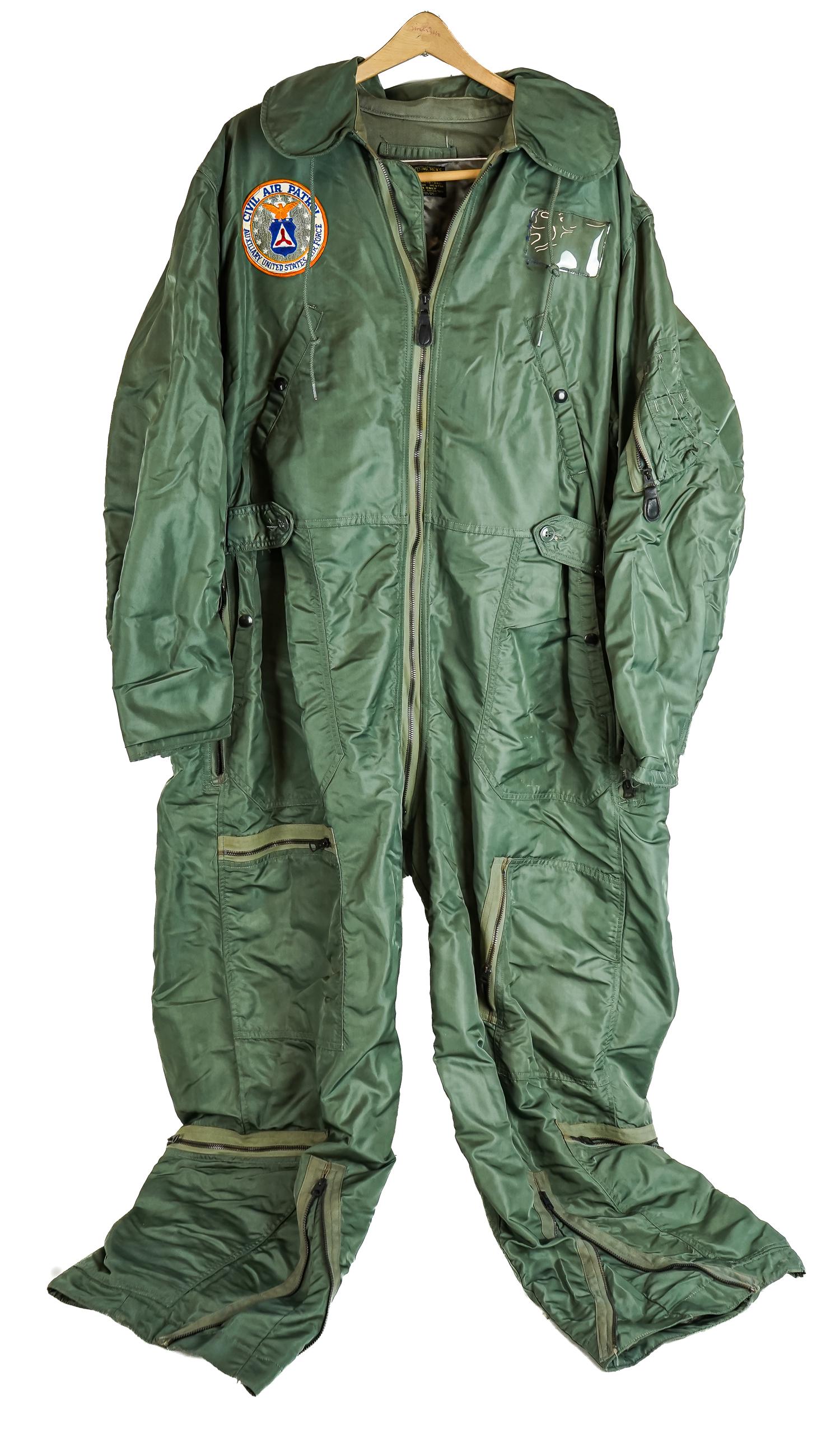 WWII Era Coats, Shirt: WWII 2nd Armored Division "Hell on Wheels" long coat, US Army Air Force shirt, Vietnam era flying coveralls with Civil Air Patrol patch