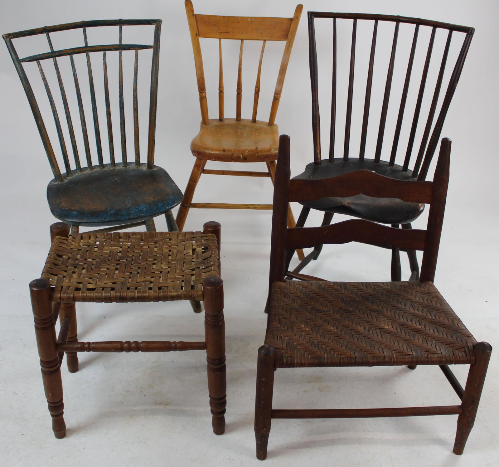 3 Windsor Side Chairs, Two Splint Seat Stools: Group of 3 Windsor side chairs including birdcage Windsor in parial old blue surface, refinished rabbit ear, and rod back, accompanied by a splint seat ladder back youths chair or stool, and a splint 