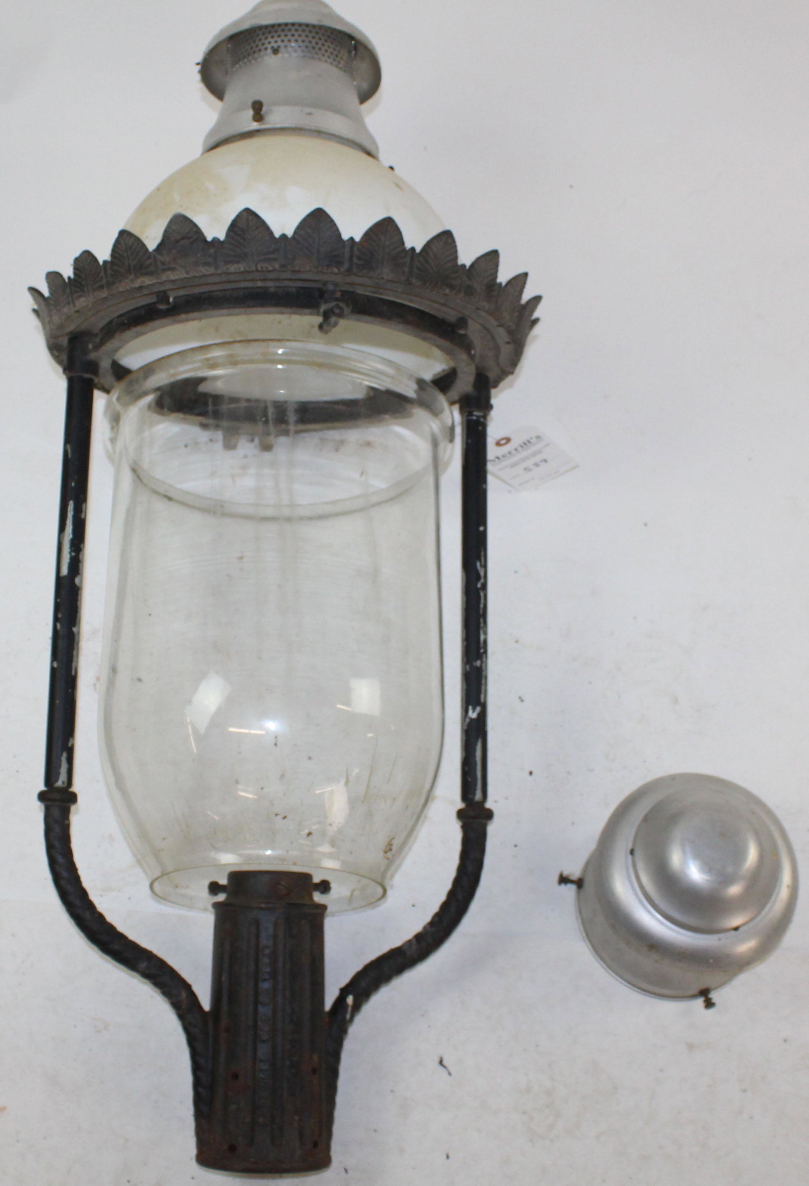 Victorian Cast Iron Lamp Post Topper: Victorian cast iron lamp post top with glass hurricane globe and milk glass dome, burner missing- incomplete, sold as parts only 28.5" x 18"