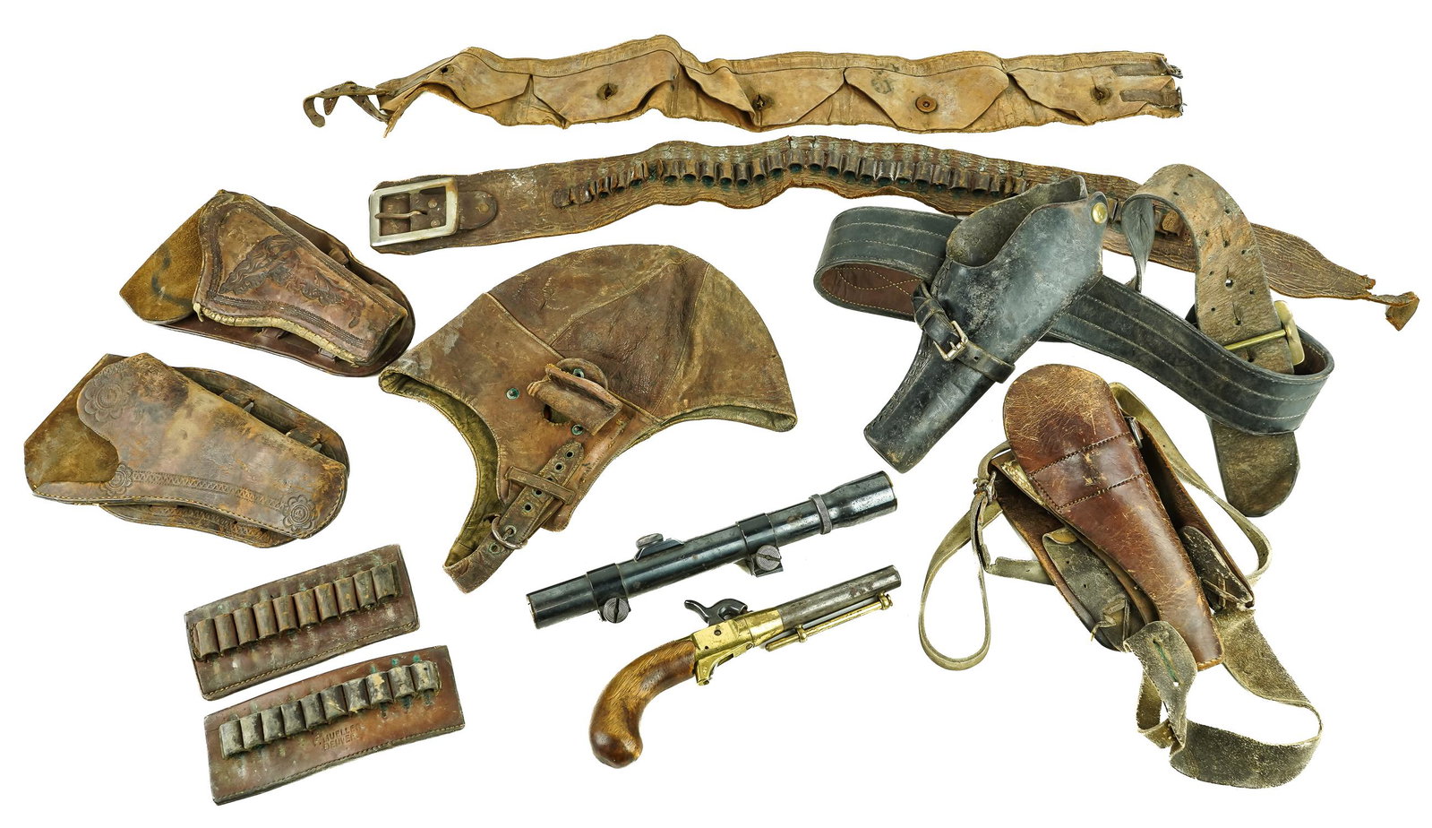 Vintage Leather: Group of vintage leather including holsters, bandolero's, and letter belt. Also in lot a reproduction percussion cap pistol, Weaver detachable scope.