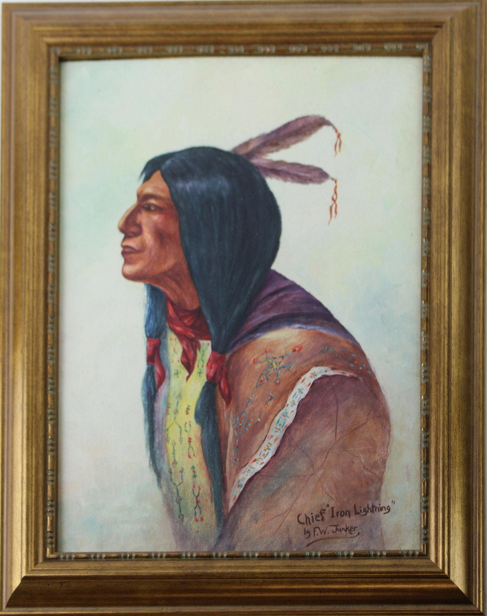 F W Junker Portrait of Chief Iron Lightning: F W Junker oil on board portrait of Souix Chief Iron Lightning (1845- 1921 near Morrow River, South Dakota, fought under Sitting Bull at the Battle of the Little Bighorn),