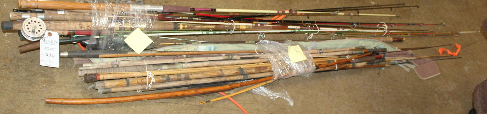 Group of Assorted Fishing Poles: Group of assorted fishing poles including 1920's bamboo rods, 1950's and 60's fiberglas, etc. some with reels, from an old Thompson's Point, Charlotte, VT camp -condition unknown and completeness unve
