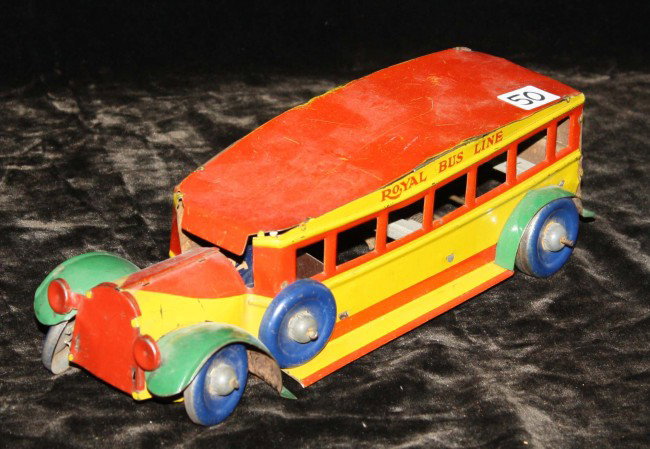 9 1/2 inch Marx Royal Busline early tin litho wind : 9 1/2 inch Marx Royal Busline early tin litho wind up bus