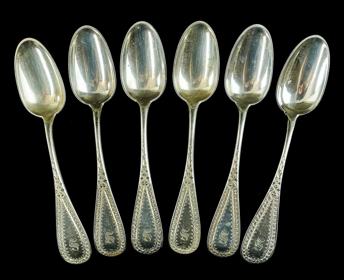 6 Shreve Boston Bright Cut Sterling Teaspoons: Set of 6 mid 19th c. Shreve, Crump, & Low Boston Victorian hand engraved bright cut teaspoons with gothic script "S" monogram, solidly built, in excellent condition 6" 6.3 troy oz.