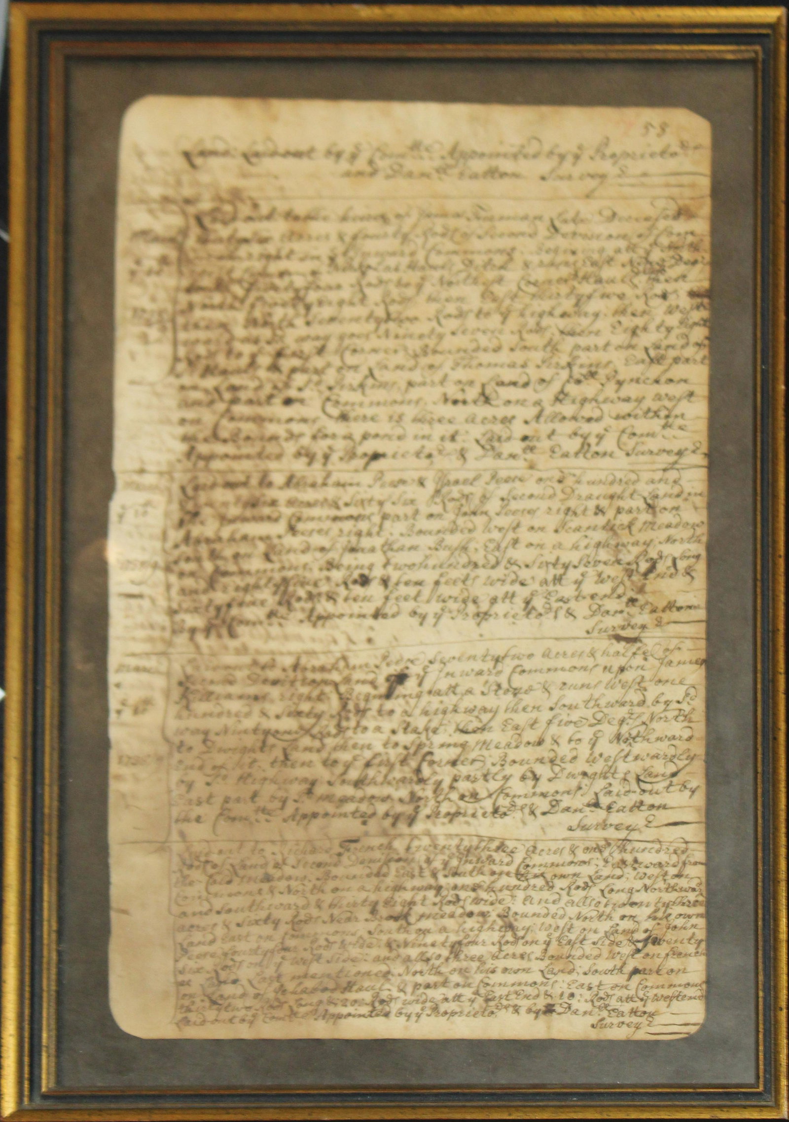 1738 Enfield Land Granted To Citizens: 1738 Enfield-Somers land granted by the proprietors, hand-written book page listing surveys done by Daniel Eaton (at that time part of Massachusetts), framed, sight 12 1/2" x 7 3/4"
