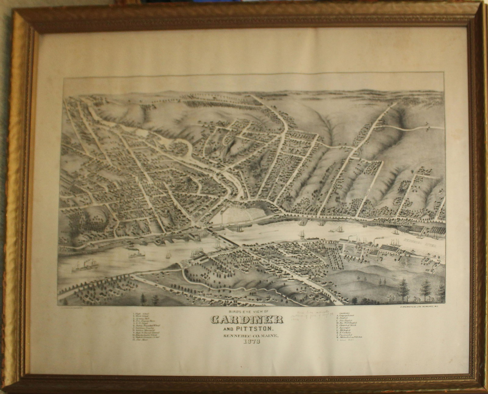 1878 Birdseye view of Gardiner and Pittston Maine: 1878 Birdseye View of Gardiner and Pittston, Kennebec Co Maine published by D Bremner & Co. Milwaukee Wisconsin. Minor foxing and rippling . 24 x 30"