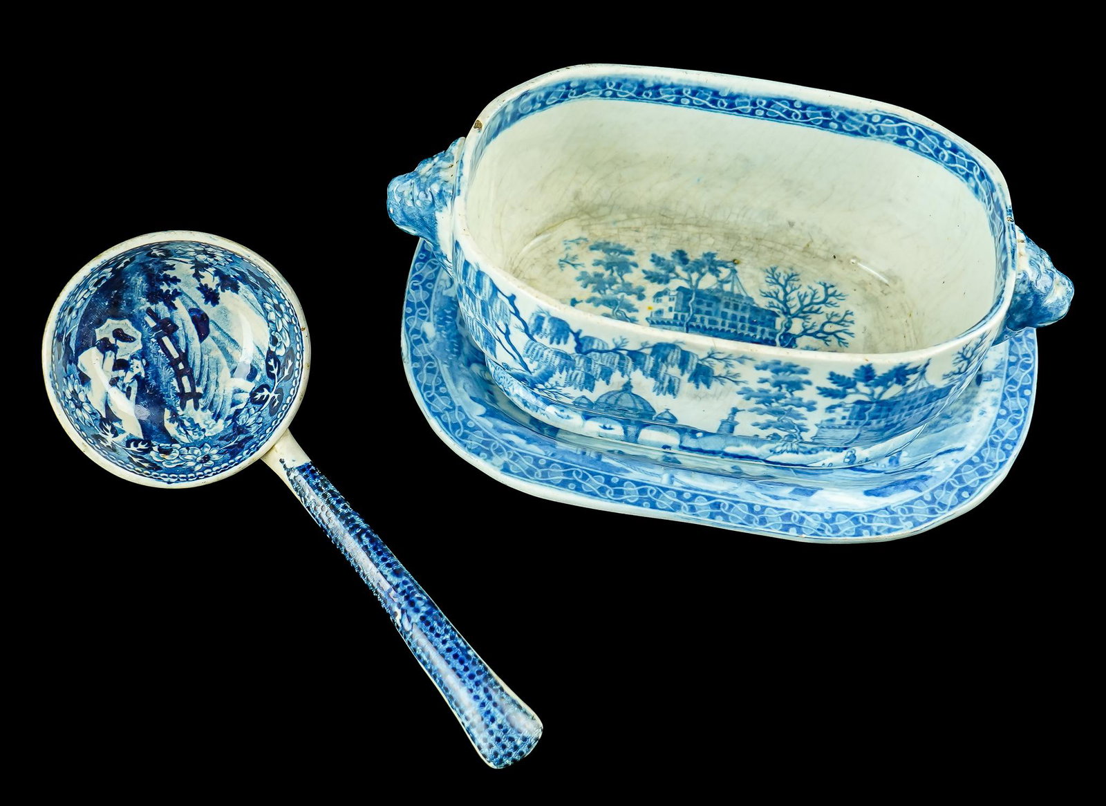 Blue Stafforshire Rams Head Sauce Tureen (1 of 3)