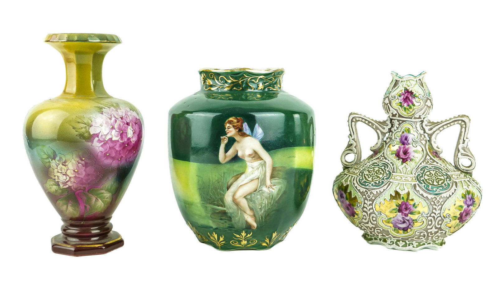 Nippon and Royal Bayreuth Porcelain Vases: Group of 3 late 19th/early 20th c. porcelain vases including fine Nippon moriage decorated double handled vase, a large Royal Bayreuth vase decorated with nude female fairy, and a Royal Bonn mantel va