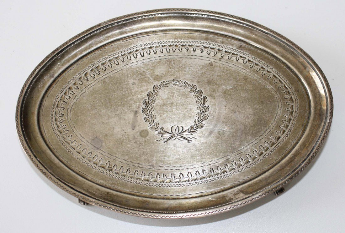 5 x 7 inch English silver footed oval tray marked RH/DH: 5 x 7 inch English silver footed oval tray marked RH/DH (Robert & David Hennell) and dated 1795-96