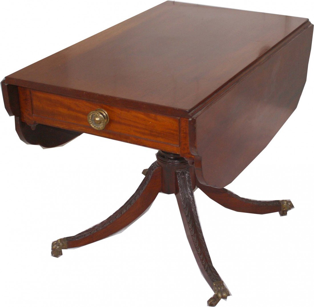 Duncan Phyfe NYC 19th century drop leaf table : Duncan Phyfe NYC 19th century 37 inch drop leaf one drawer classical breakfast table with shaped leaves reeded column four acanthus carved legs ending in brass claw feet