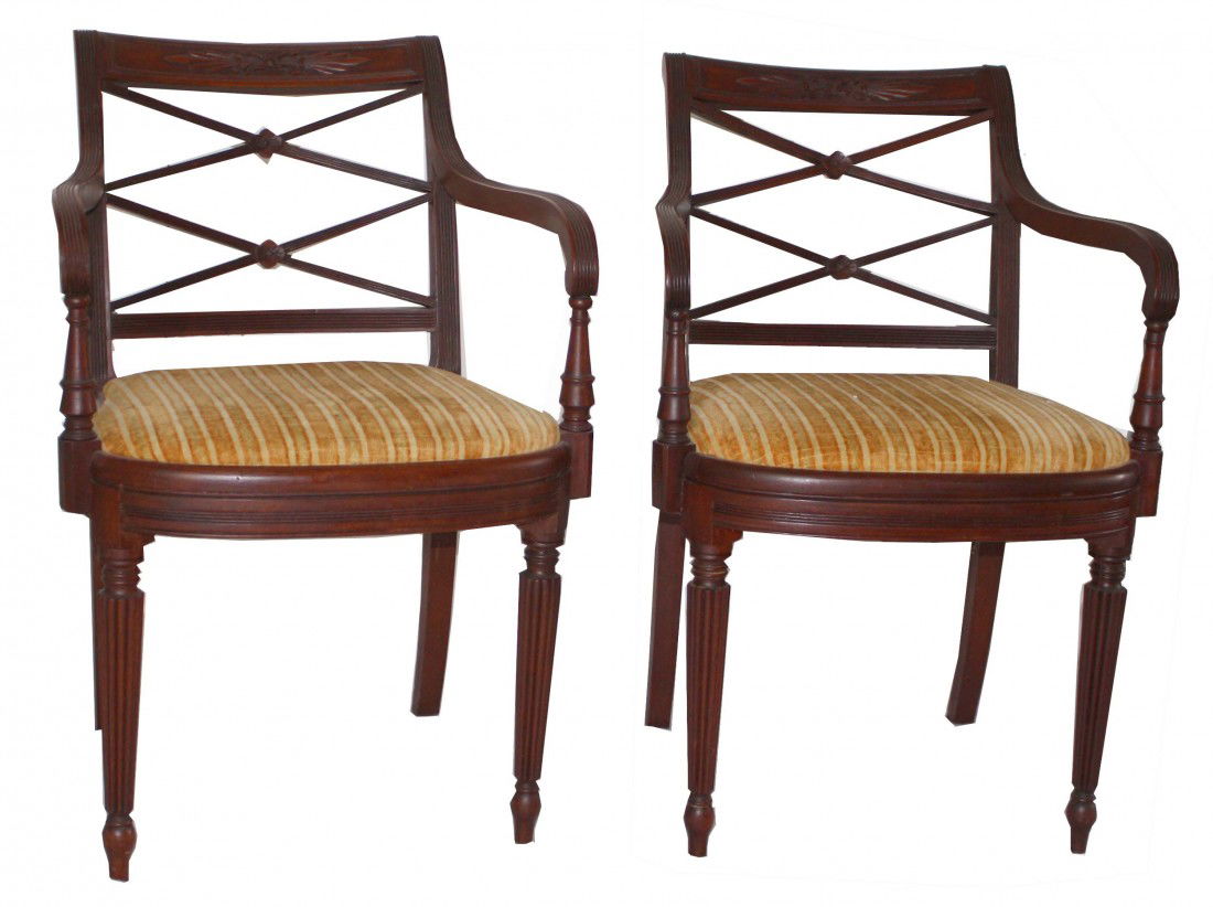Pair of Duncan Phyfe NYC arm chairs : Pair of Duncan Phyfe NYC 19th century mahogany arm chairs with carved panel XX back reeded and turned arms and reeded legs