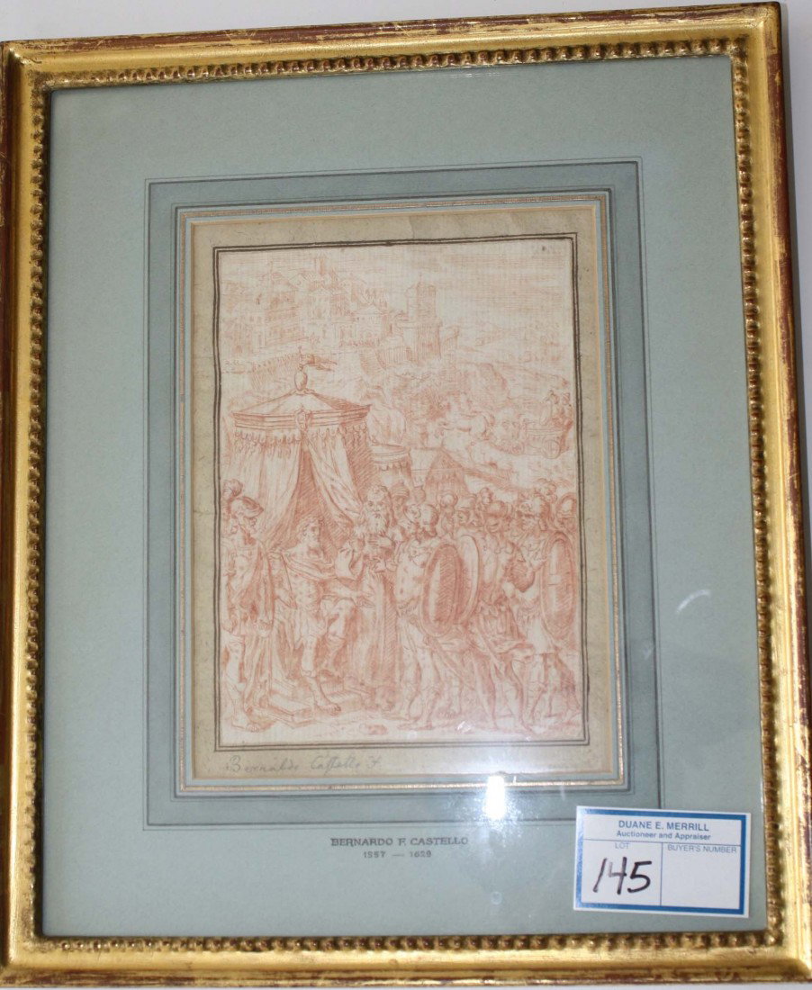 5 x 7 inch conte crayon classical scene with king and s: 5 x 7 inch conte crayon classical scene with king and soldiers by Bernardo F Castello (IT 1557-1629)