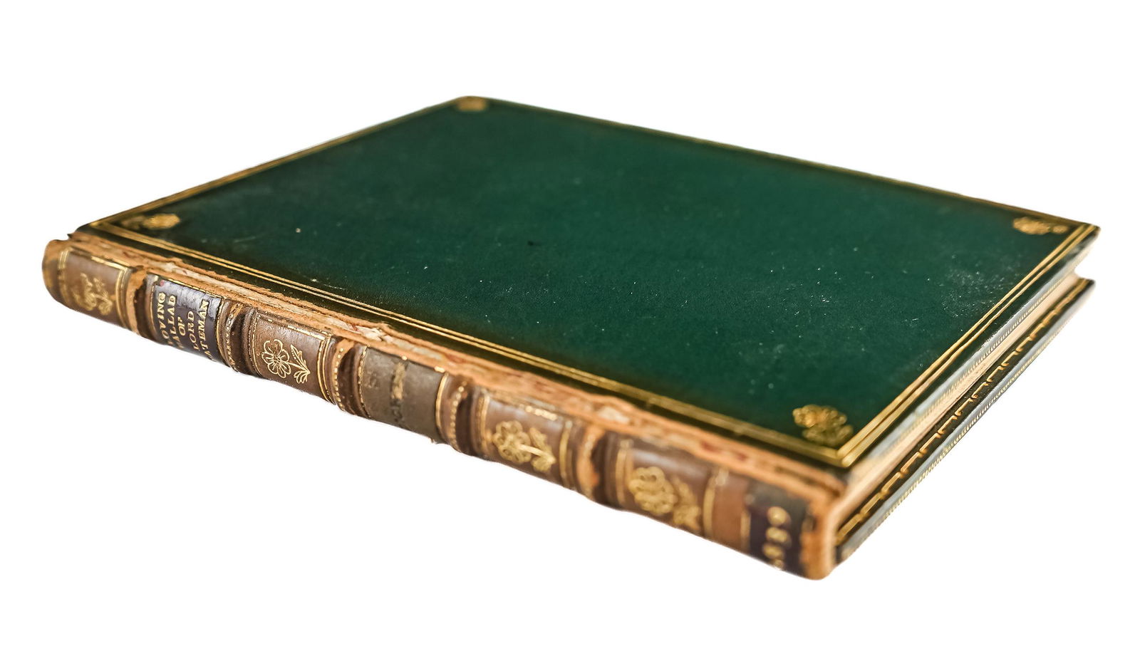 1839 Cruikshank Loving Ballad of Lord Bateman: 1839 "The Loving Ballad of Lord Bateman" with 11 plates by George Cruikshank, gilt embossed cover pamphlet bound into a leather binding (cover board not attached), 5 1/16" x 4"