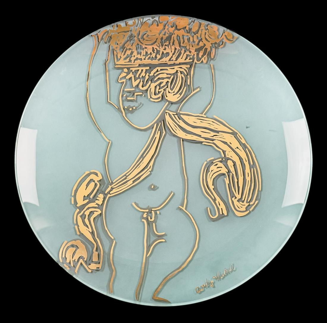 Rosenthal Andy Warhol Studio Line Glass Charger: Late 20th c. Rosenthal Studio Line "Golden Angels" frosted art glass charger or platter designed by Andy Warhol (1928-1987) with gilt decoration of cherub dia. 21.25", in original box