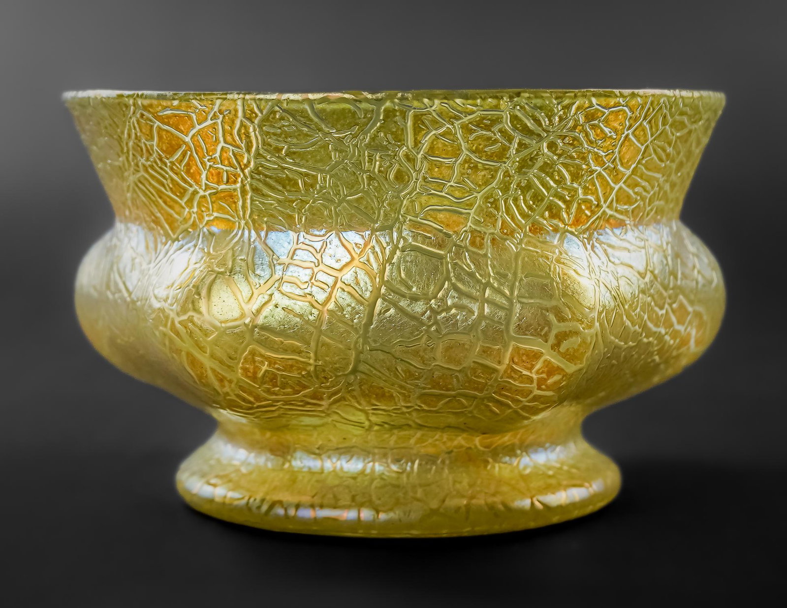 Loetz Austria Candia Mimosa Art Glass Bowl: ca. 1900 Loetz Austria Candia Mimosa Art Nouveau style gold iridescent art glass bowl with crackled surface, ground pontil base 5.5" x 8"