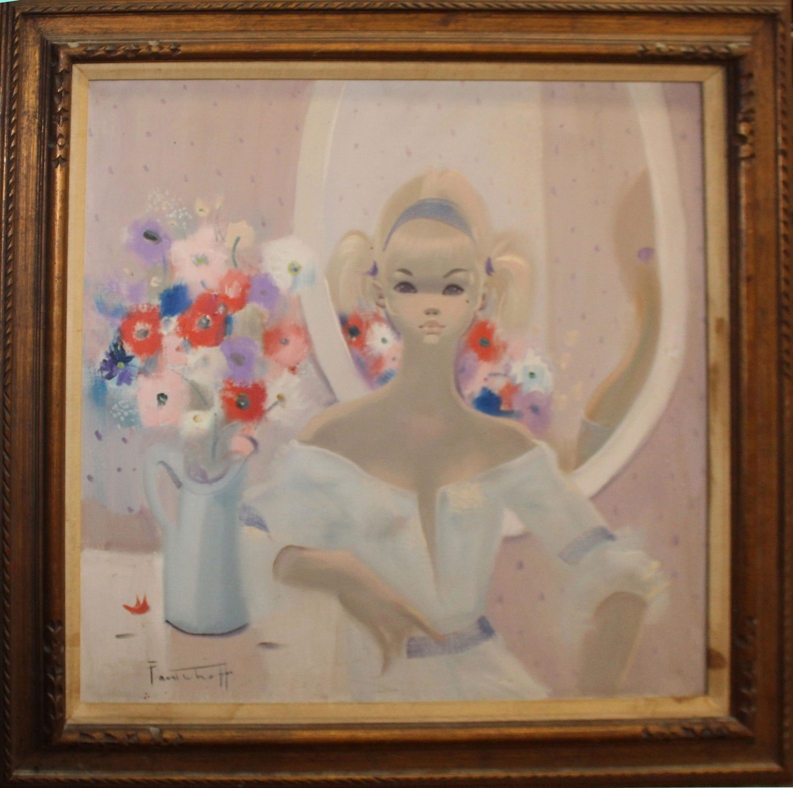 Igor Pantuhoff (RU 1911-1972): Igor Pantuhoff (Russian/American 1911-1972) Girl with Mirror oil on canvas signed lower right 30x30 " 38x38" as framed.
