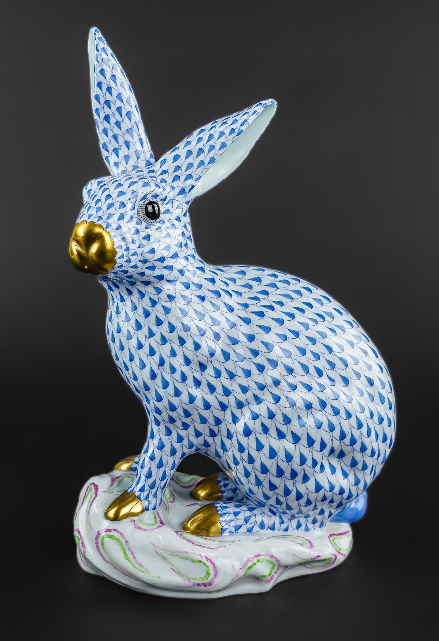 Herend Blue Fishnet Porcelain Rabbit Figure (1 of 3)
