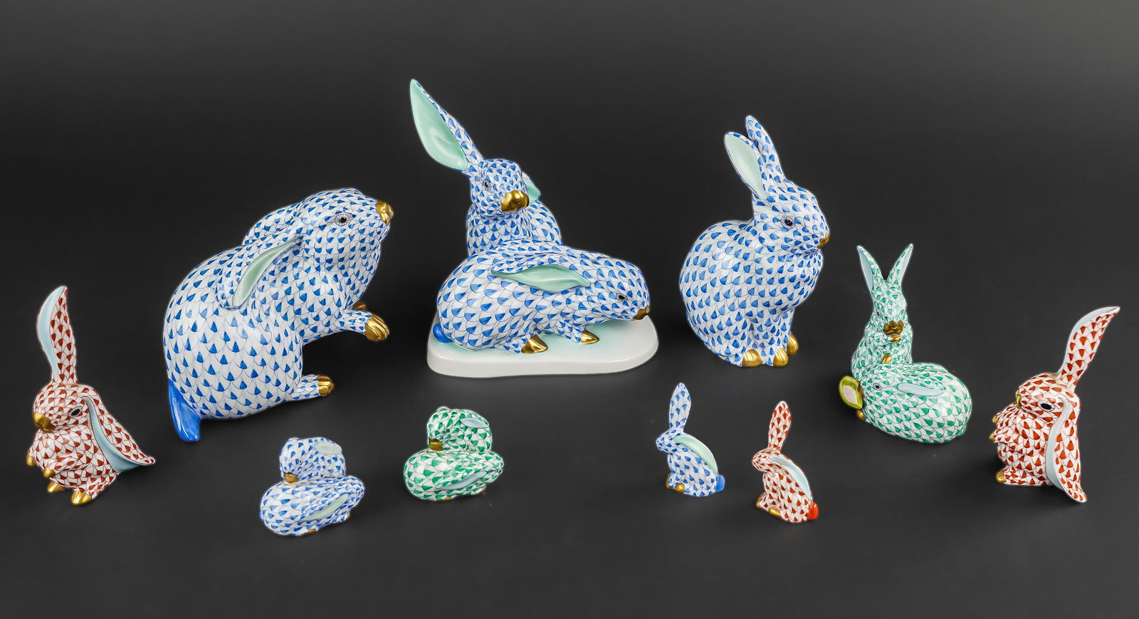 Collection of 10 Herend Fishnet Porcelain Rabbits (1 of 1)