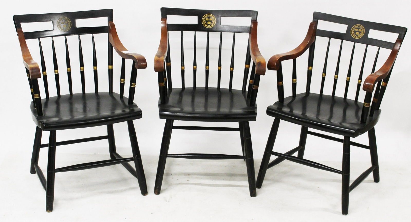 3 Harvard Chairs: A group of 3 Nichols & Stone 1950's Harvard College arm chairs. Black surface, backs monogrammed VE RI TAS. Good overall condition.