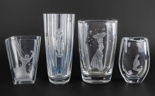 4 Orrefors Engraved Swedish Crystal Vases: Group of 4 Orrefors Swedish crystal mid-century modern design vases, including Carl Fagerland tall vase, Edvin Ohrstrom large vase, Sven Palmqvist oval vase, and Simon Gate square vase wirh Joan of Ar