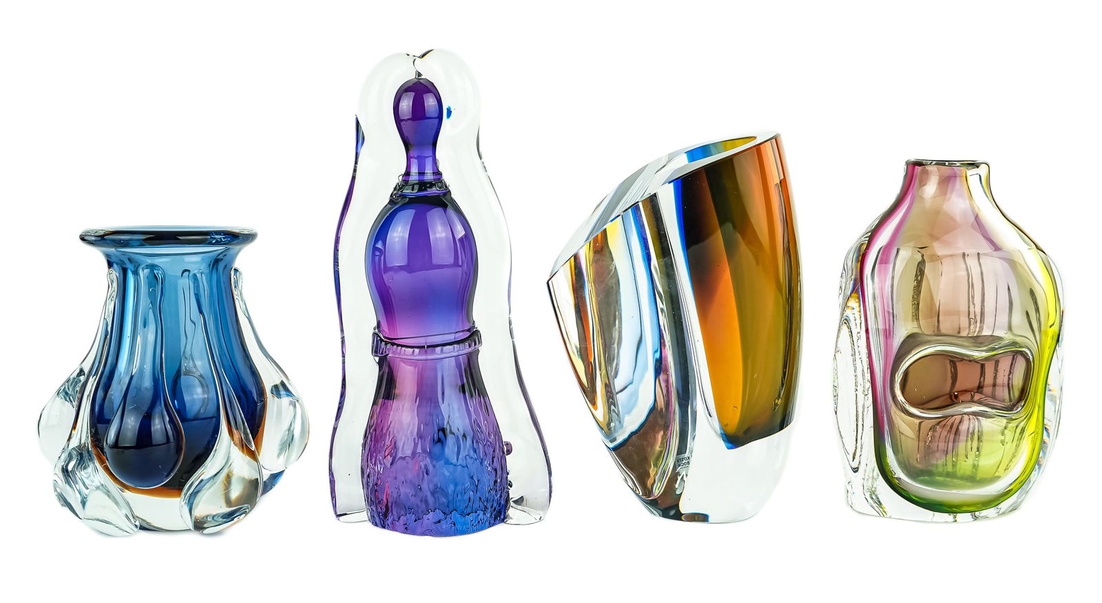 Kosta, Egermann European Art Glass: 4 pcs. of Contemporary European art glass including Kosta Sweden Goran Warff purple "Unik" figure, Kosta Sweden Goran Warff sculptural vase, Kosta Sweden Goran Warff geometric triangular vase, and Ege