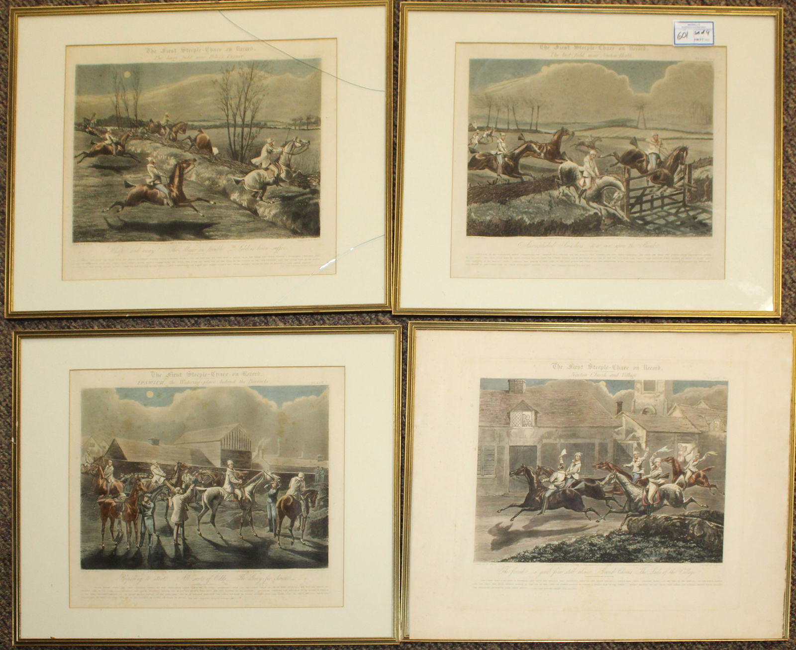 After Henry Thomas Alken, (British, 1785-1851): After Henry Thomas Alken, (British, 1785-1851) set of four "The First Steeple Chase on Record", hand colored engravings, sight 14" x 16", overall size 18 1/2" x 22 1/2"