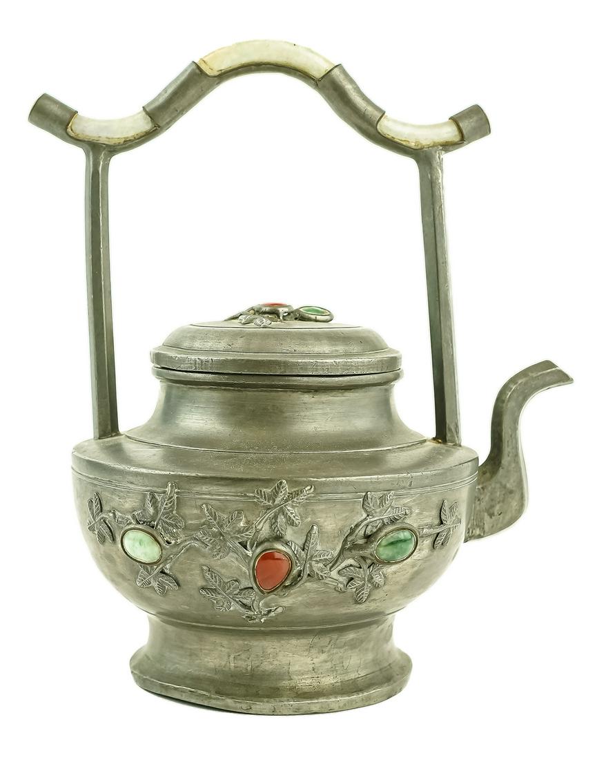 19th c Chinese Pewter & Jade Teapot (1 of 3)
