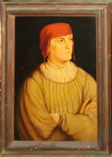 After Barthel Beham (DE 1502-1540): After Barthel Beham (German 1502-1540) Chancellor Leonhard Von Eck - oil on panel dated 6 Jan 37 with backstamps identifing piece as a reproduction from the Metropolitan Museum of Art 22 x 14" 19 x 27