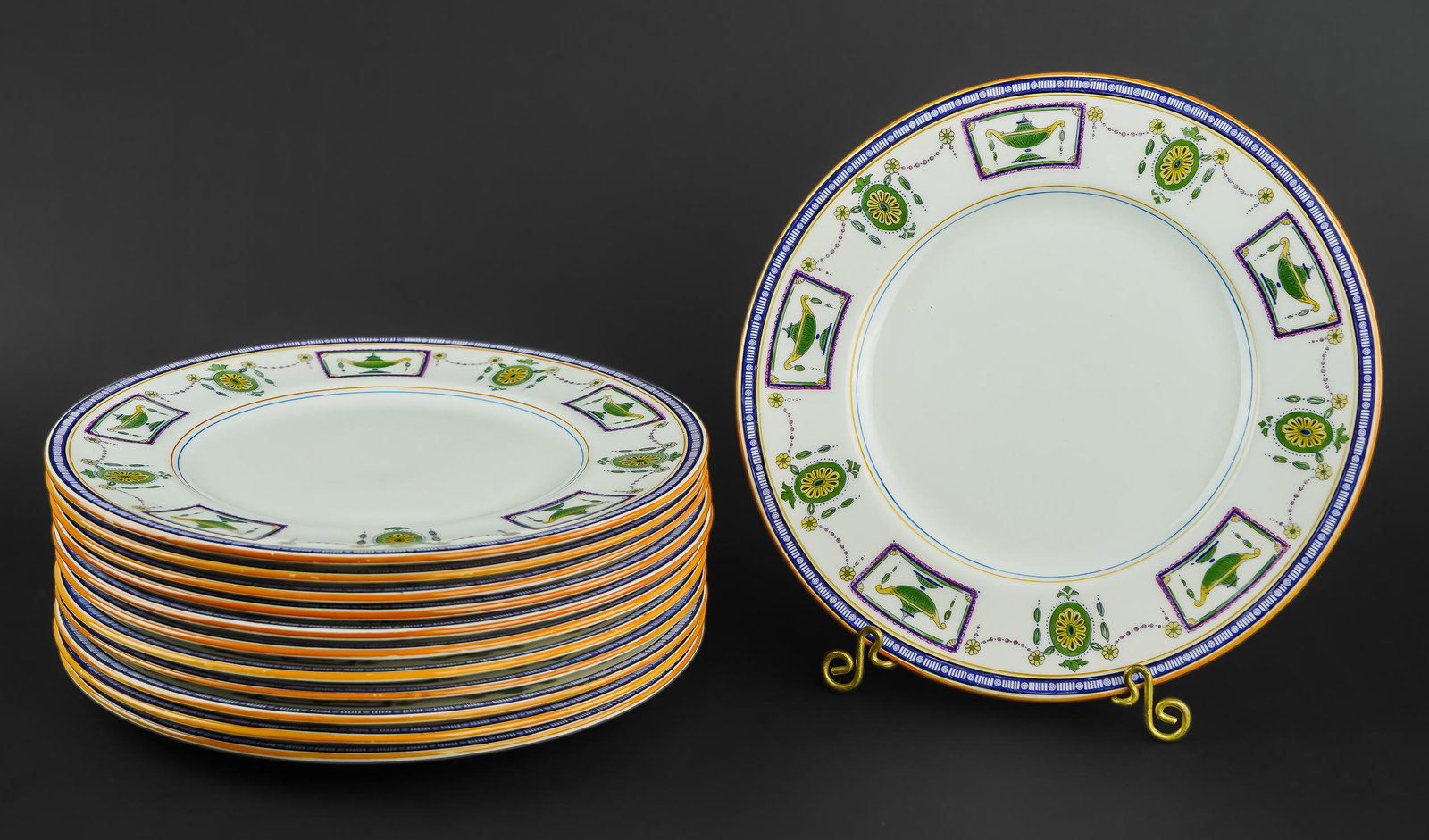 12 Royal Doulton Neoclassical Dinner Plates: Set of 12 Royal Doulton ca. 1920 fine English bone china porcelain dinner or luncheon plates with neoclassical Adam style festoon, urn and pandrel decorated border 9" dia.