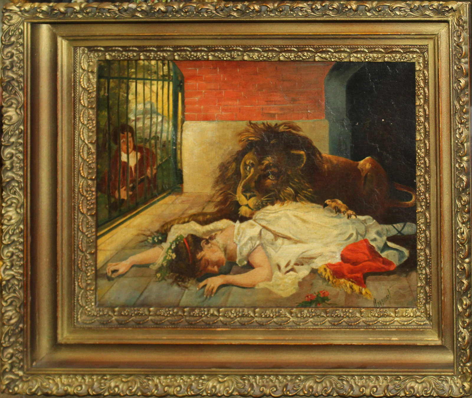 19th c Genre scene Lady with a Lion (1 of 4)