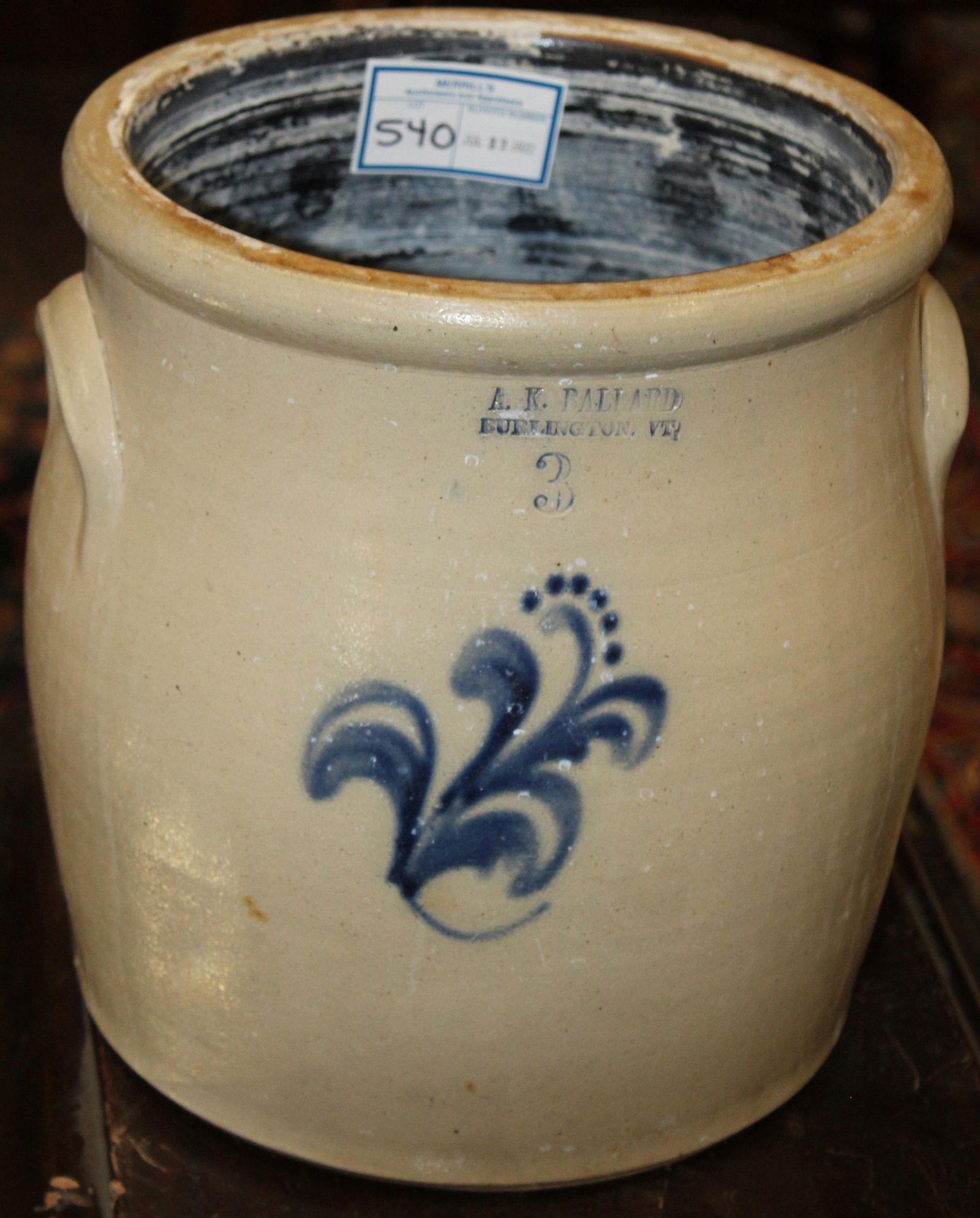 3 Gallon A K Ballard Burlington VT Crock (1 of 2)