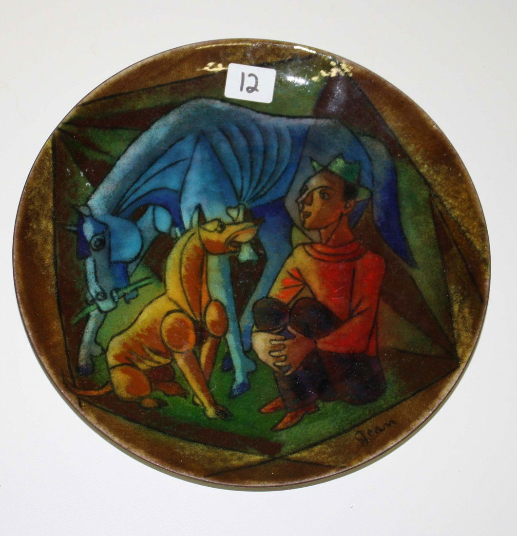 Jean Ames Claremont CA art deco porcelain enamel on: Jean Ames Claremont CA art deco porcelain enamel on copper 7 ½ in plate Man's Best Friends