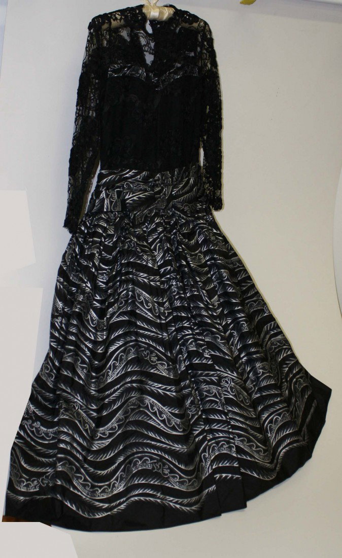 Zandra Rhodes silk and lace black striped evening d: Zandra Rhodes silk and lace black striped evening dress US size 12