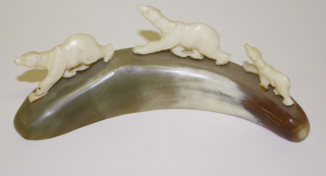 Inuit horn and ivory polar bear figural group: Inuit horn and ivory polar bear figural group