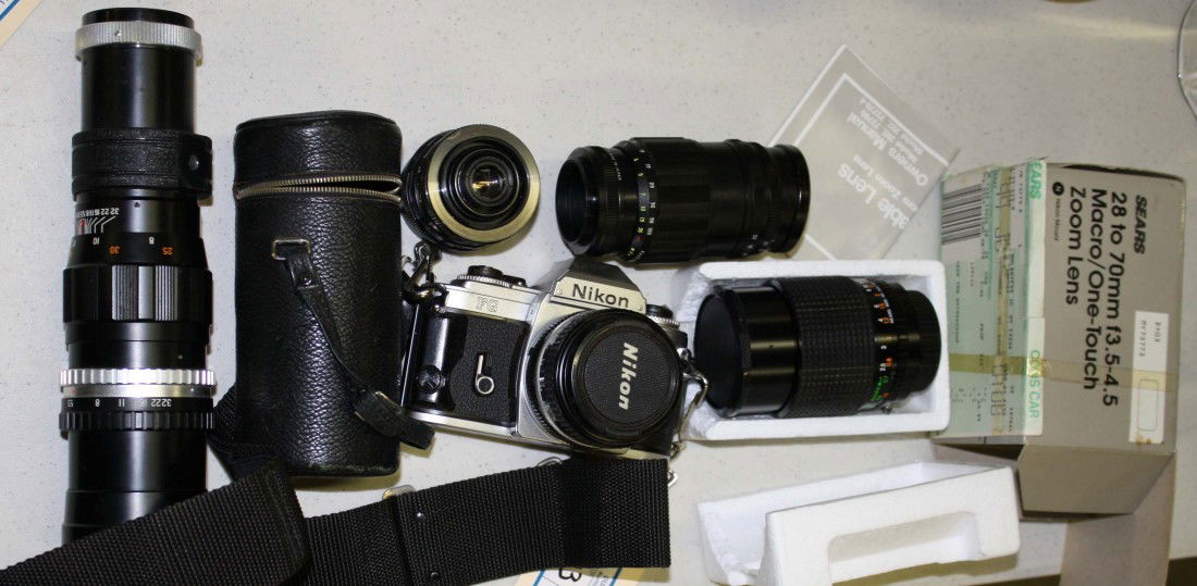 Nikon FG with Komura 1-3.5 lens - Acura Supertel 1: Nikon FG with Komura 1-3.5 lens - Acura Supertel 1-5.5-Sears Nikon Macro lens and Spiratone 6403k wide angle lens