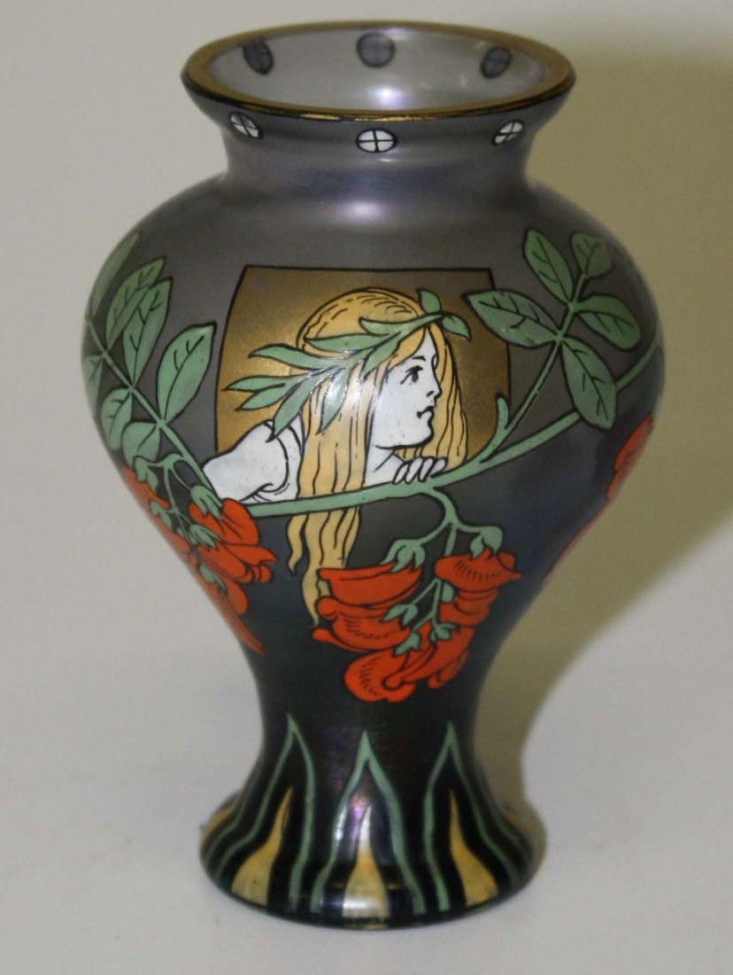 4 inch Iridescent vase with nouveau girl and vines: 4 inch Iridescent vase with nouveau girl and vines signed Fritz Heckert
