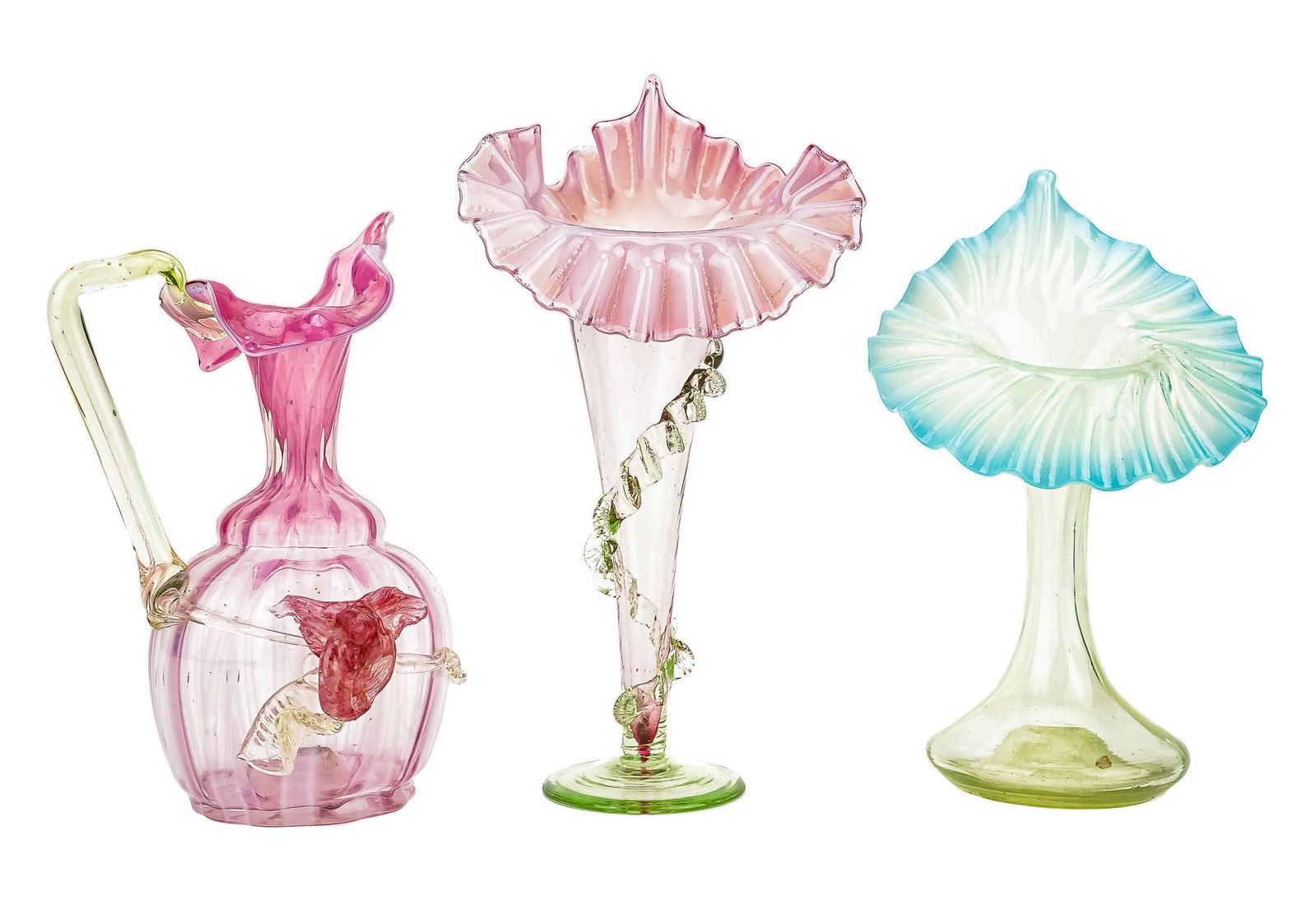 3 pcs. of Victorian Colored Art Glass: Group of Victorian colored art glass including pink and white opalescent ewer with green applied handle, pink and white opalescent jack-in-the-pulpit vase on green base, and blue and green opalescent 