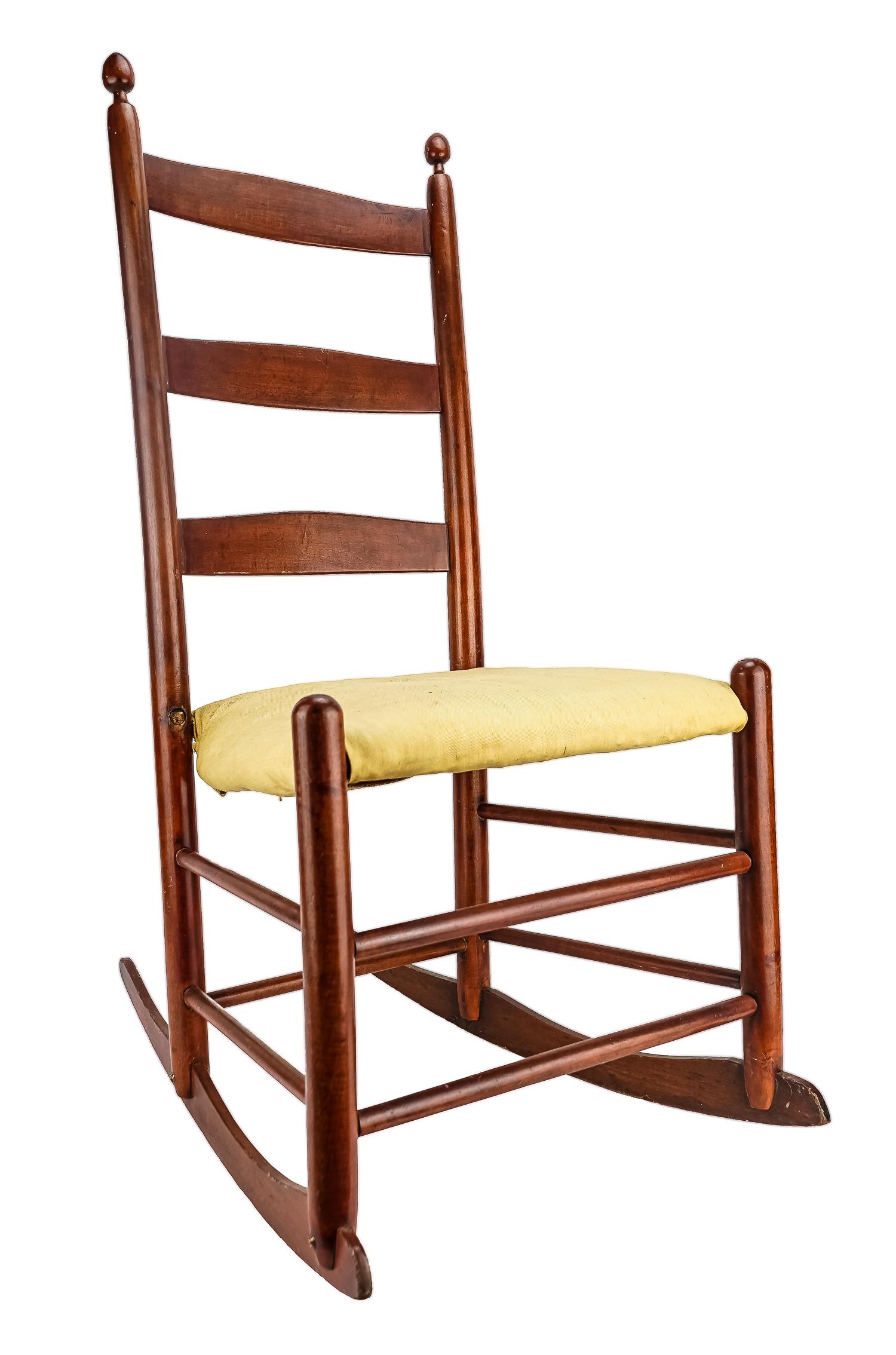 Mt Lebanon Shaker Ladderback Rocker: Mt Lebanon, NY Shaker #2 ladderback rocker in original finish, stamped with the number 2 on back of top splat, broken seat stretcher, needs repair
