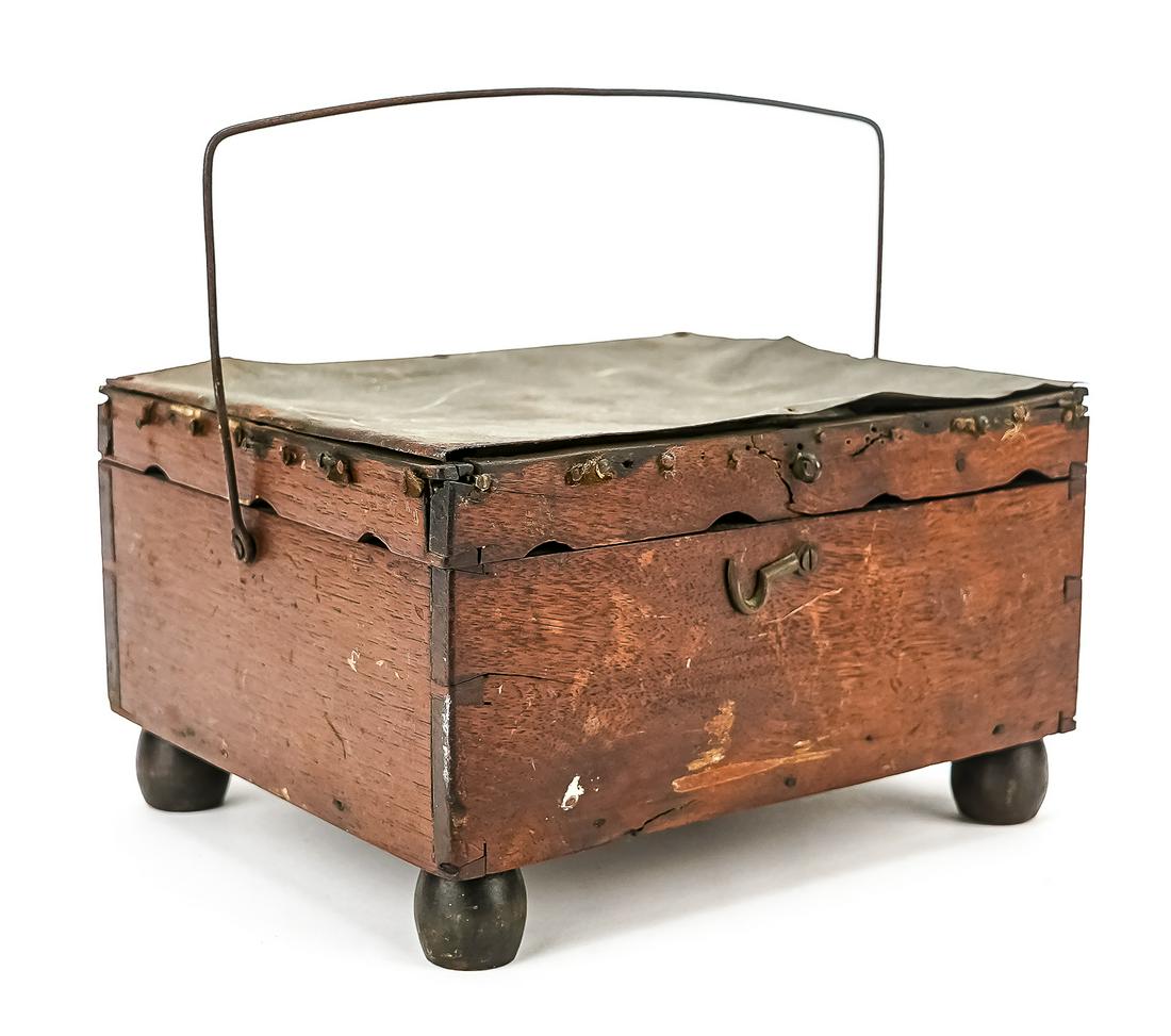 Neat Wood and Tin Footwarmer: Neat wood and tin footwarmer, dovetailed construction, tin whale oil burner lamp, wire bail handle, 8" x 7" x 4 1/2"