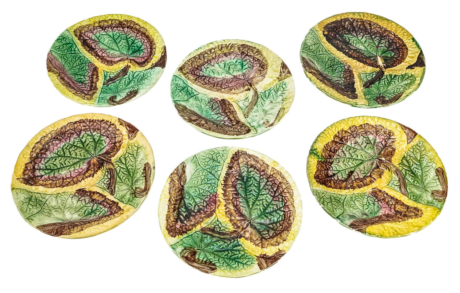 6 Majolica Glazed Leaf Form Pottery Plates (1 of 3)