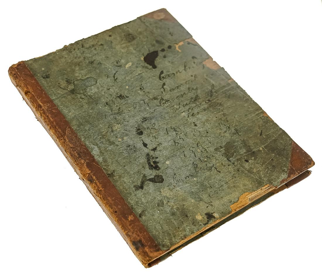 1830 William S Morgan Account Book: 1839-1862 William S Morgan (Jeffersonville, VT) hand-written account book, detailing debits and receipts of a rural Vermont farmer with his neighbors, papered wooden boards, 7 1/2" x 6"