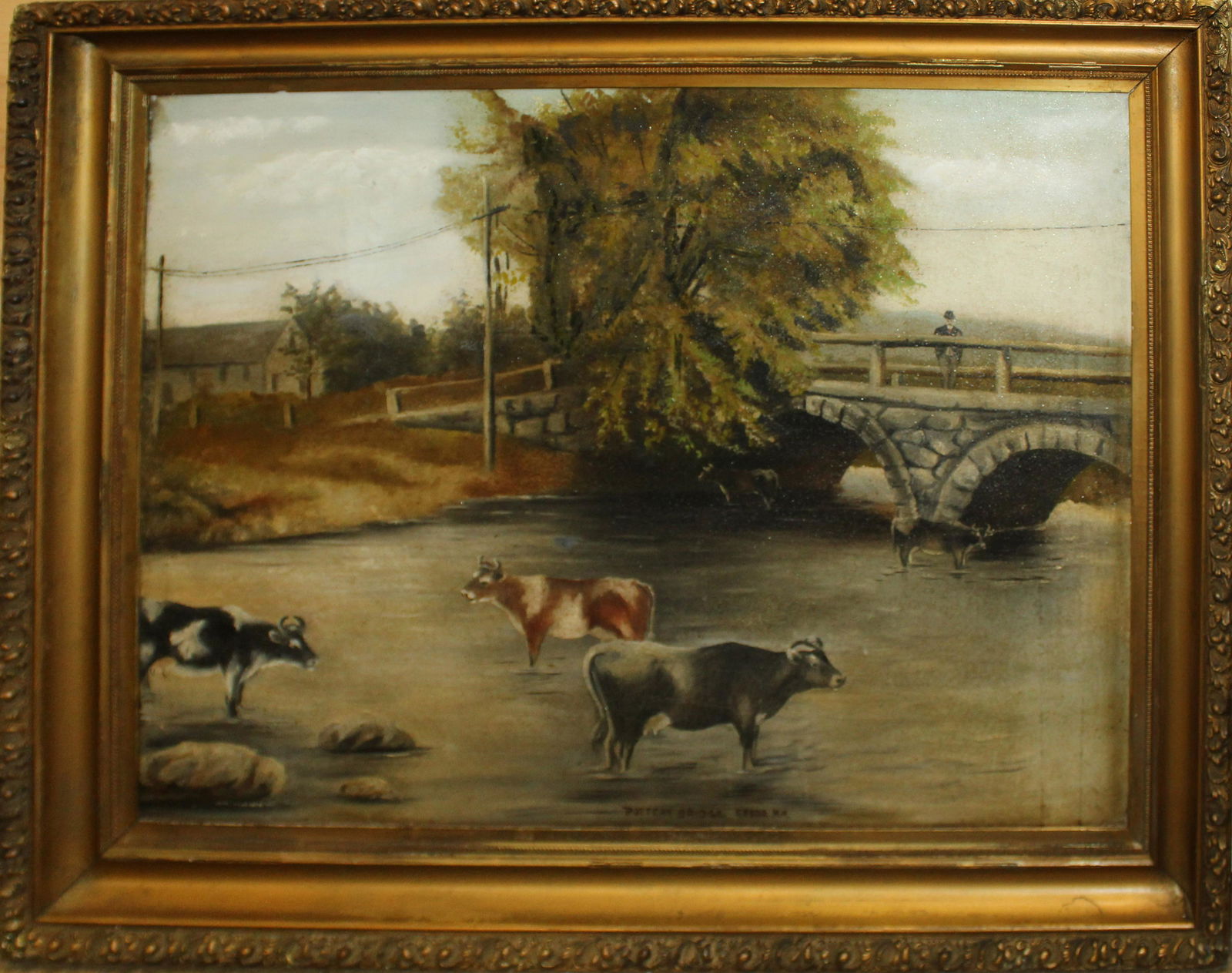 Late 19th c naive pastoral with cows: Late 19th c Naive pastoral scene "Potten Bridge Keene NH" with cattle oil on canvas , unsigned. 33 x 24" 39 x30" As Framed amature repair and patching with wax and linen